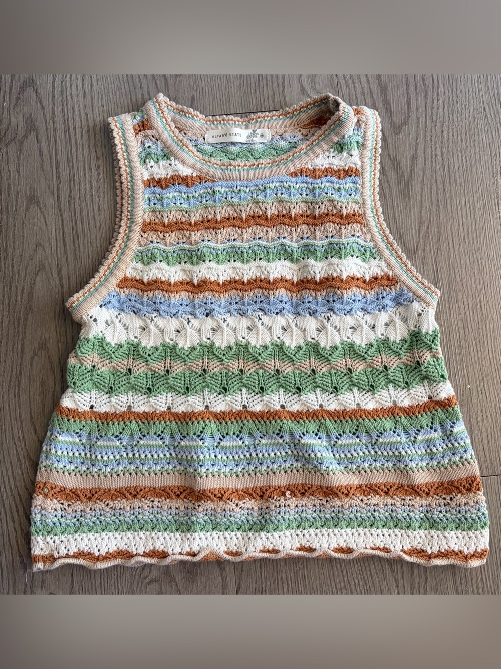Altar'd State Cream, Green, Blue & Tan Knit Stripe Tank Top, Size Medium